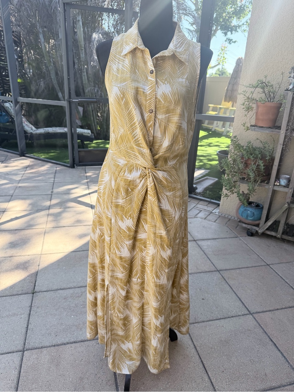 Fate Brand Mustard and Natural Linen-Look Palm-Print Midi Dress